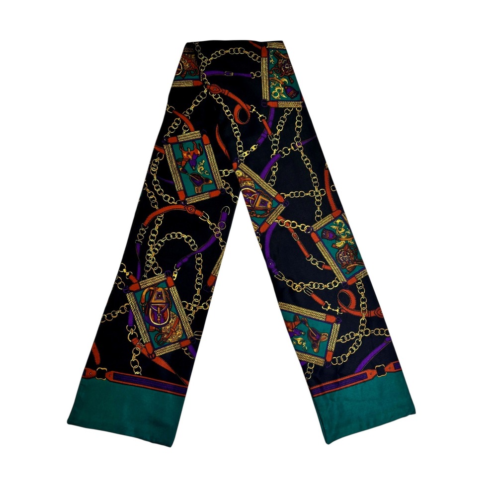 Vintage Equestrian Chain Belt Print Oblong Scarf Black Green Gold Purple 60 Inch - Picture 2 of 4
